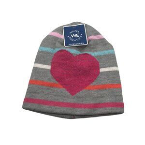 Winter Essentials Girls One Size Gray Multicolor Stripe Heart Knit Beanie New